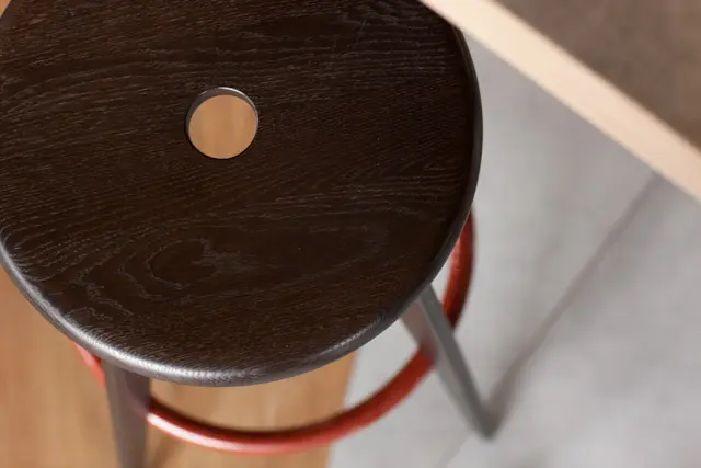 Mc Donalds Antas Restaurant Porto Portugal - Brown Red Wooden Stool Detail - Interior Design - Ilaria Gatto - architect